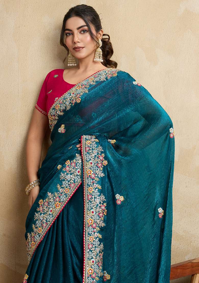 Blue Embroidered Frendy Chiffon Saree Set - Indya