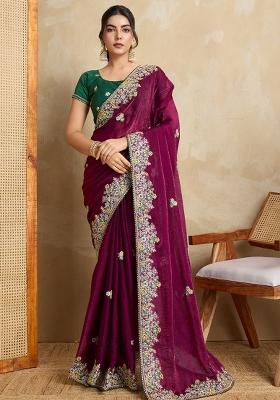 Purple Embroidered Frendy Chiffon Saree Set