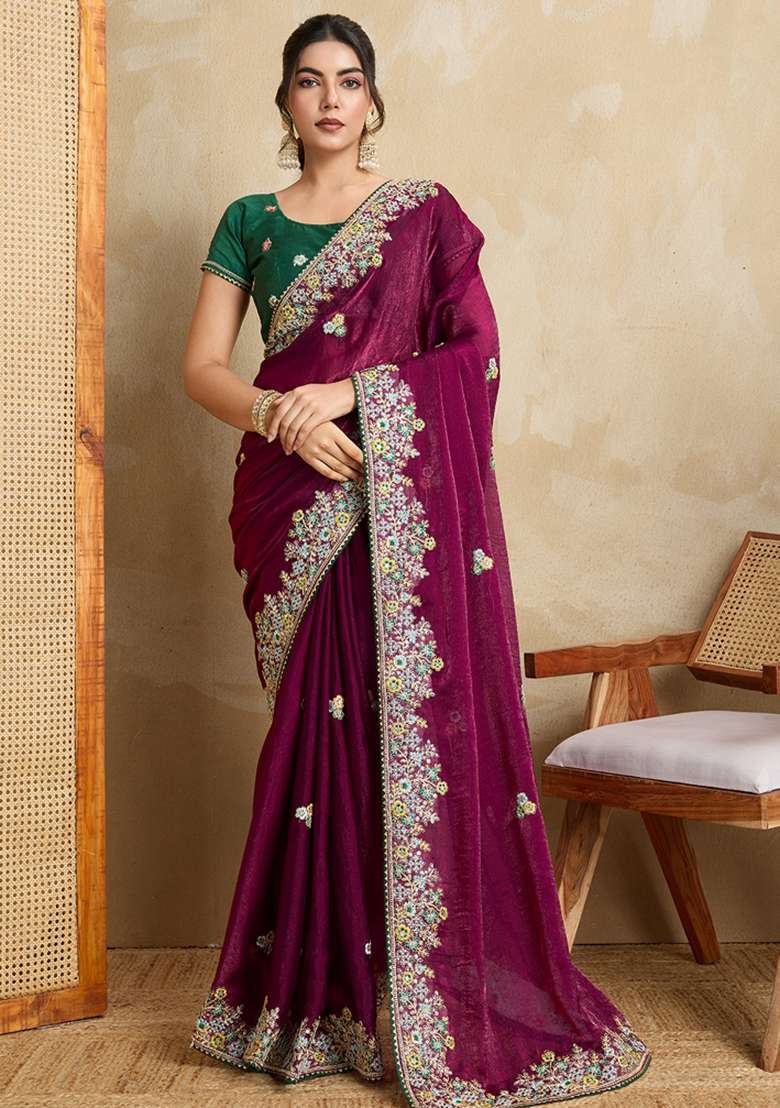 Purple Embroidered Frendy Chiffon Saree Set - Indya