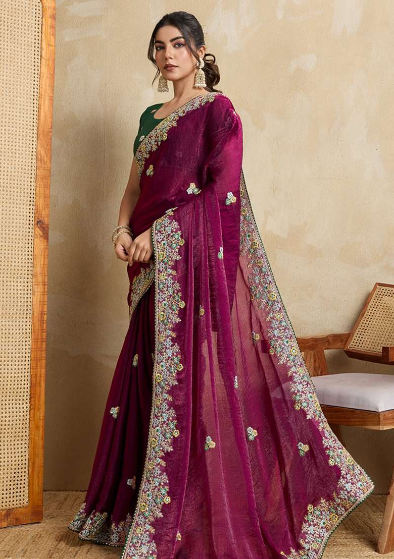 Purple Embroidered Frendy Chiffon Saree Set - Indya