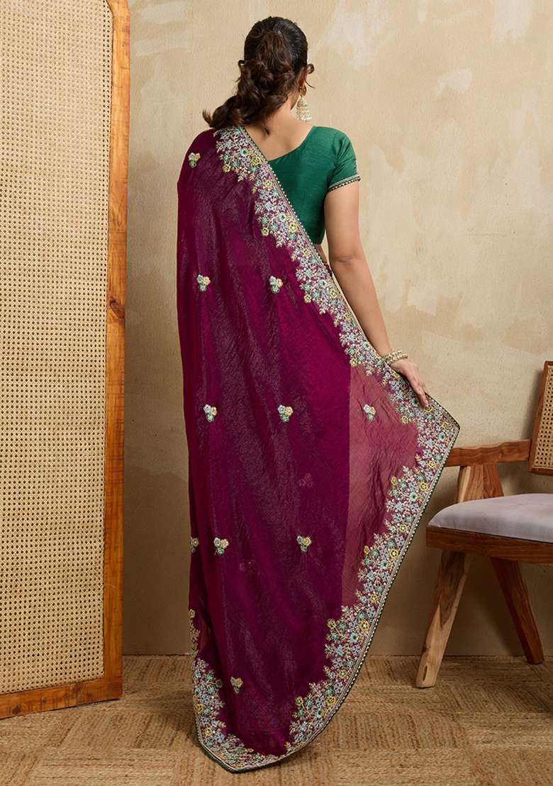 Purple Embroidered Frendy Chiffon Saree Set - Indya