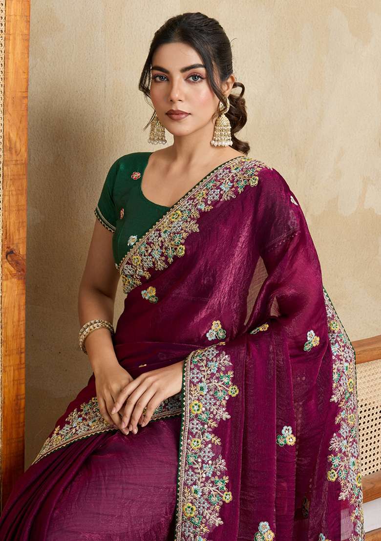 Purple Embroidered Frendy Chiffon Saree Set - Indya