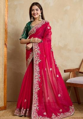 Pink Embroidered Frendy Chiffon Saree Set