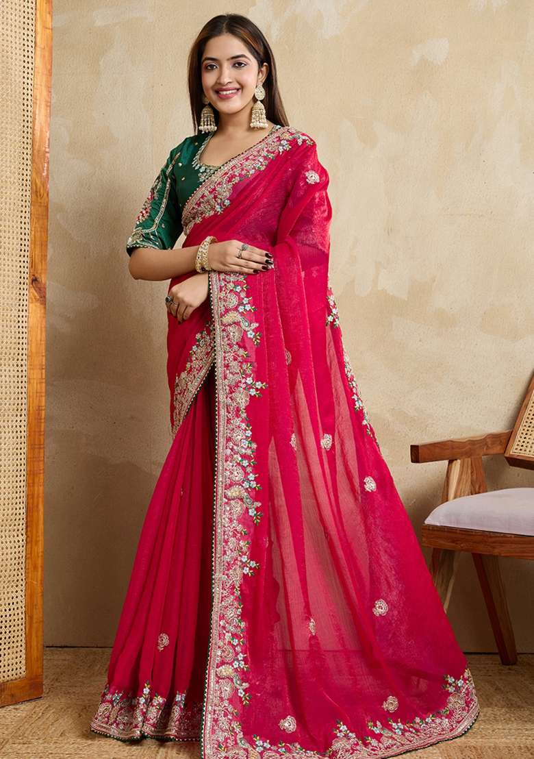 Pink Embroidered Frendy Chiffon Saree Set - Indya