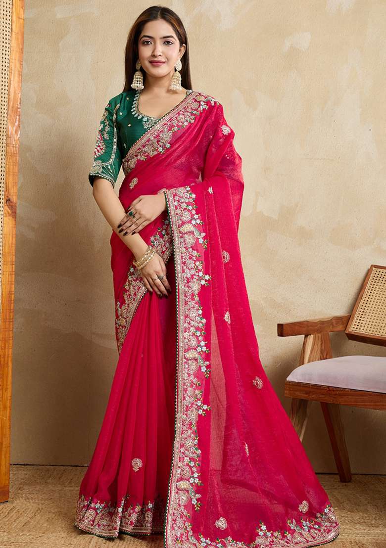Pink Embroidered Frendy Chiffon Saree Set - Indya