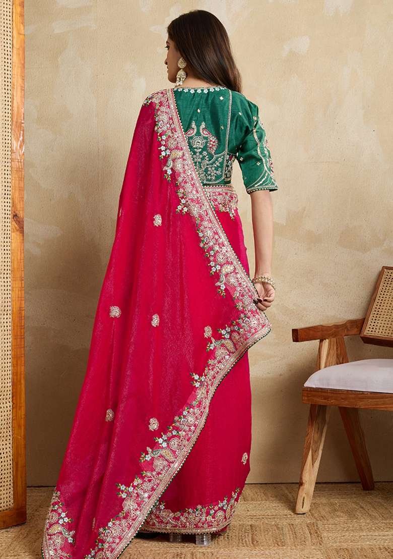 Pink Embroidered Frendy Chiffon Saree Set - Indya