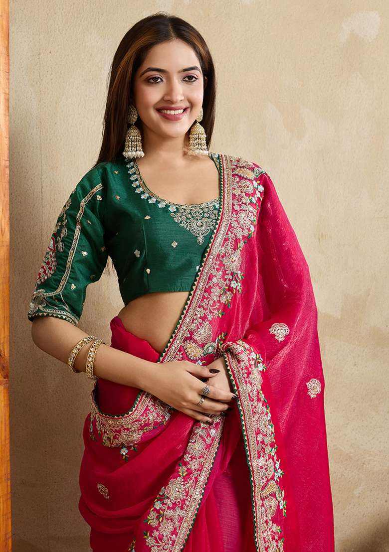 Pink Embroidered Frendy Chiffon Saree Set - Indya