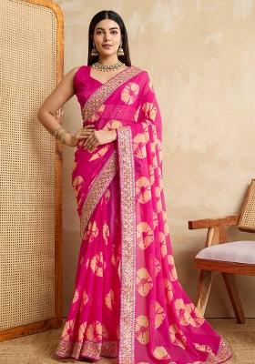 Pink Embroidered Georgette Saree Set