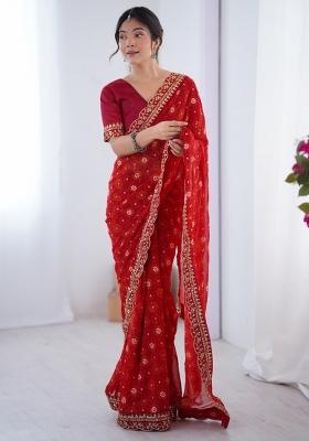 Red Embroidered Georgette Saree Set