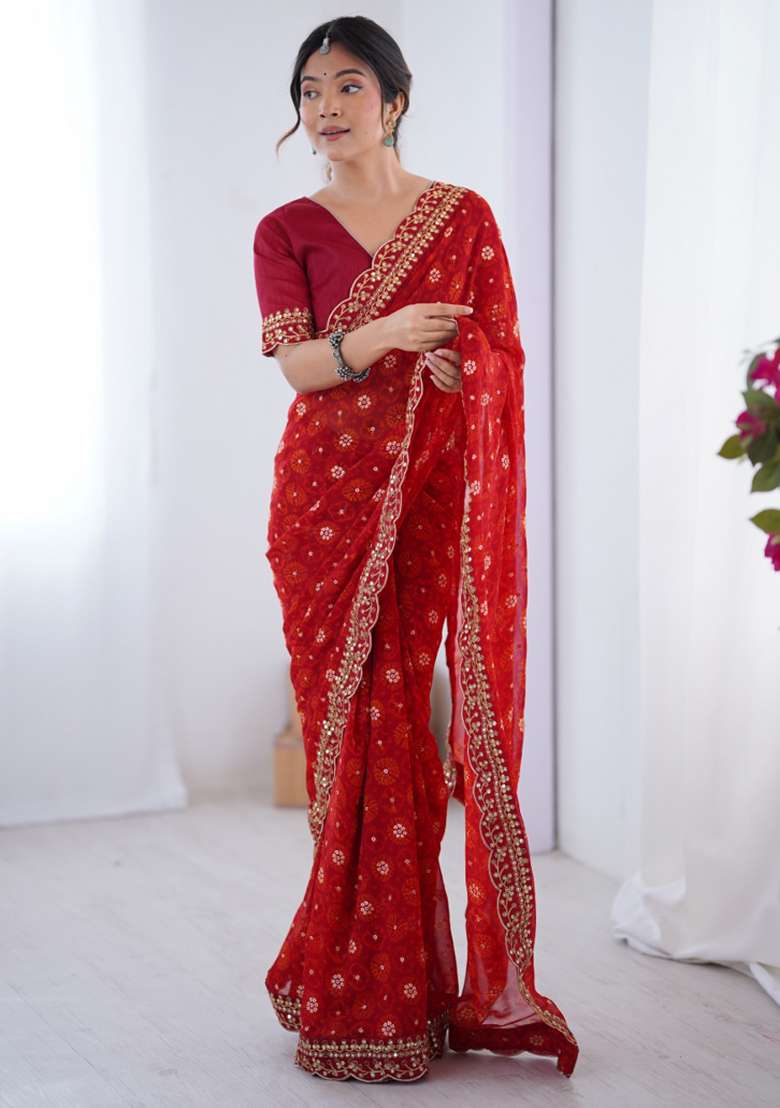Red Embroidered Georgette Saree Set - Indya