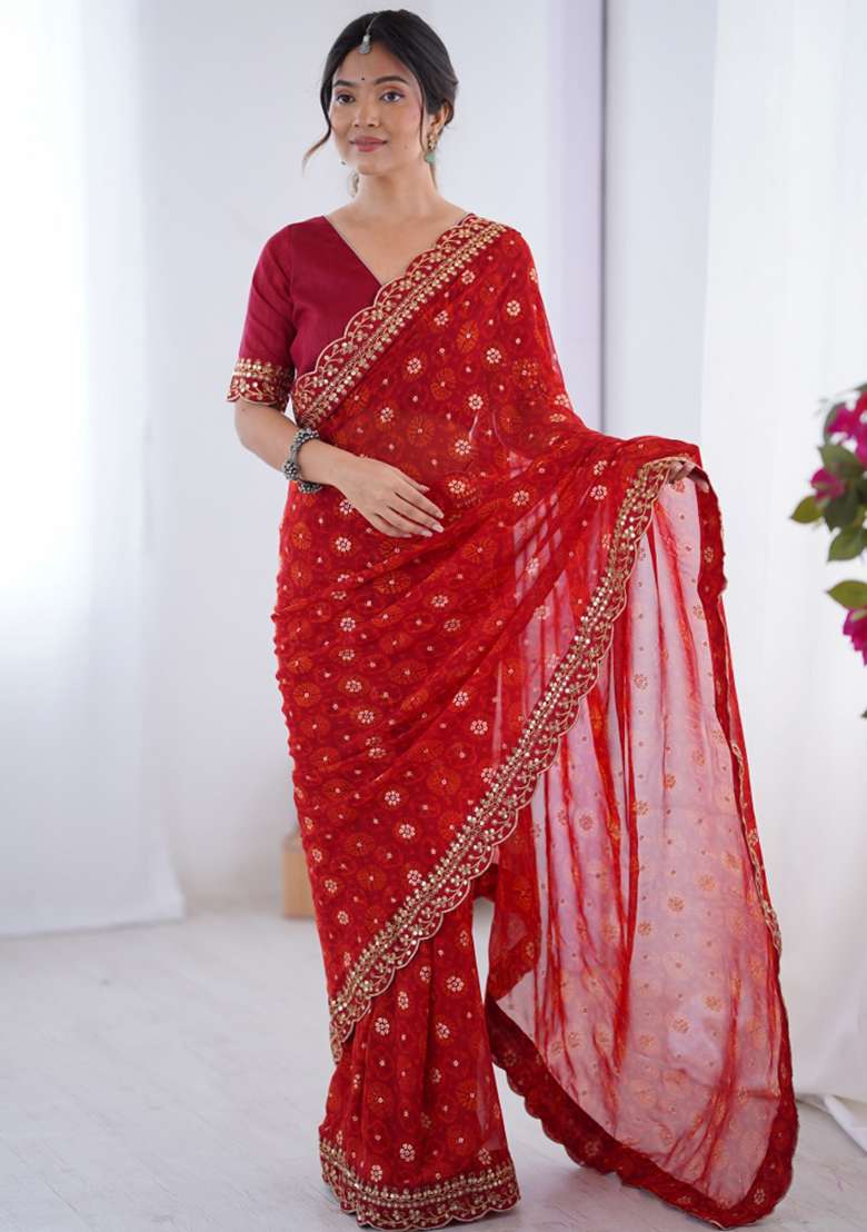 Red Embroidered Georgette Saree Set - Indya