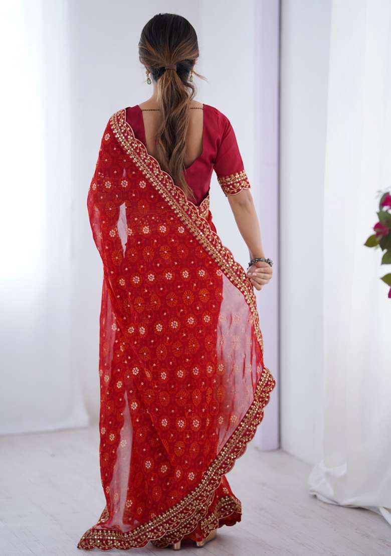 Red Embroidered Georgette Saree Set - Indya