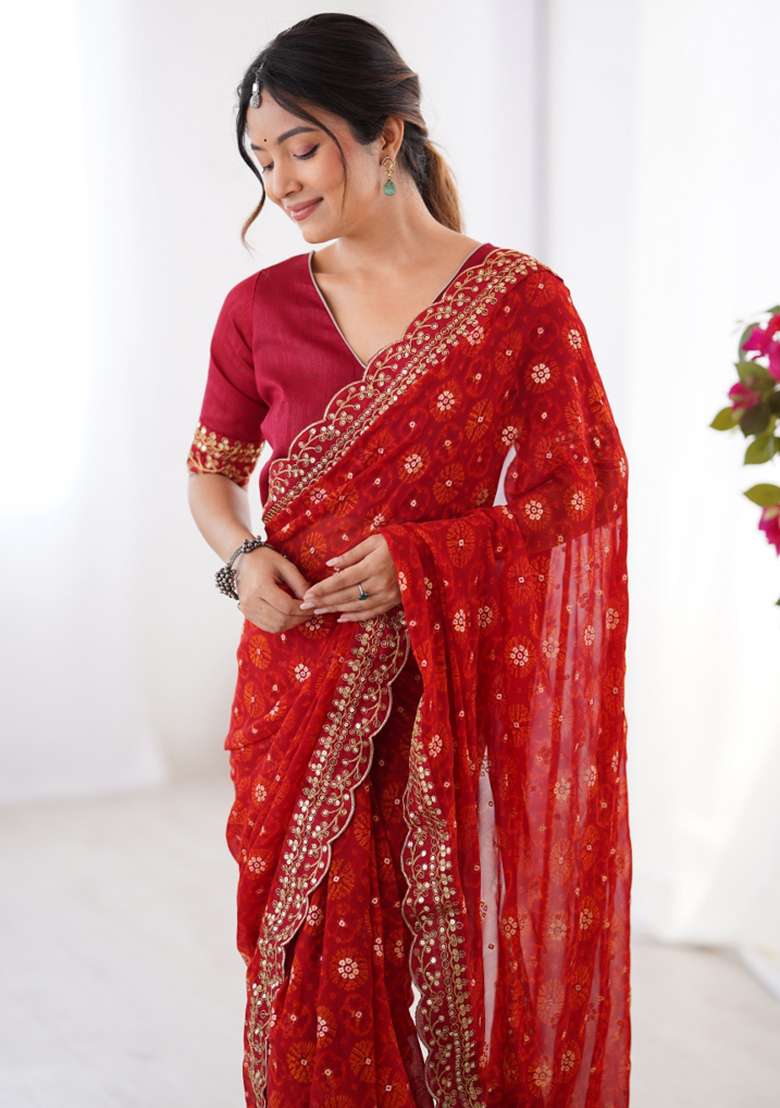 Red Embroidered Georgette Saree Set - Indya