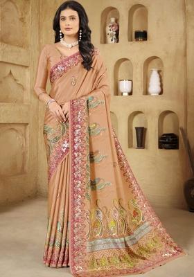 Peach Embroidered Silk Saree Set