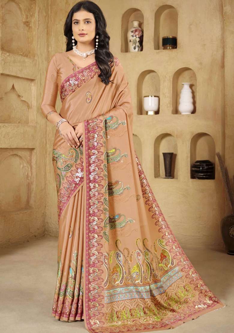 Peach Embroidered Silk Saree Set - Indya