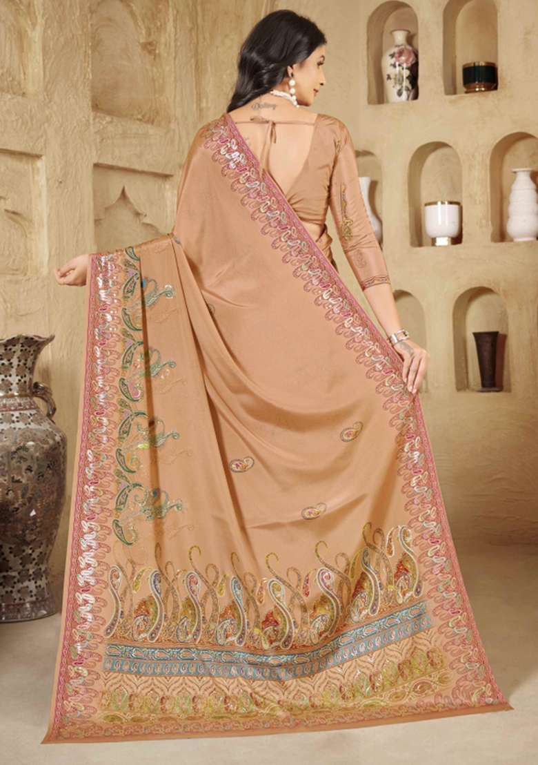 Peach Embroidered Silk Saree Set - Indya