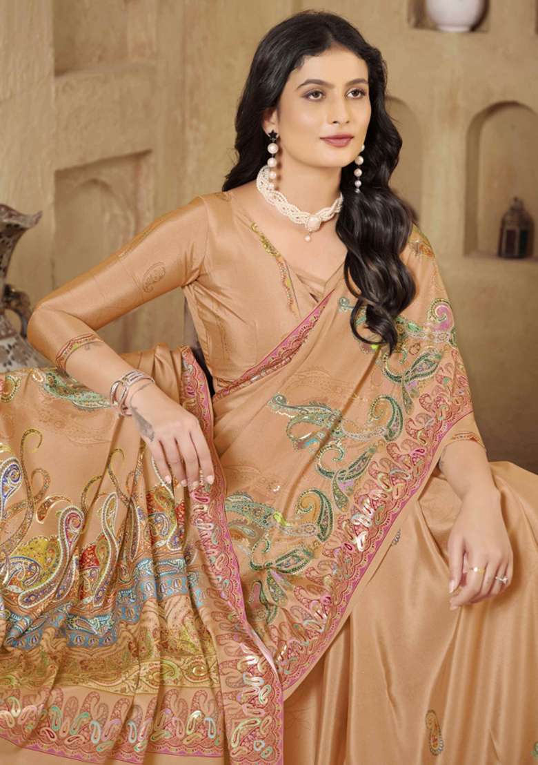 Peach Embroidered Silk Saree Set - Indya