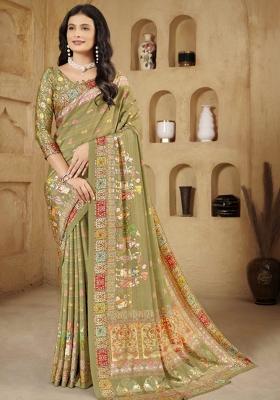 Olive Embroidered Silk Saree Set