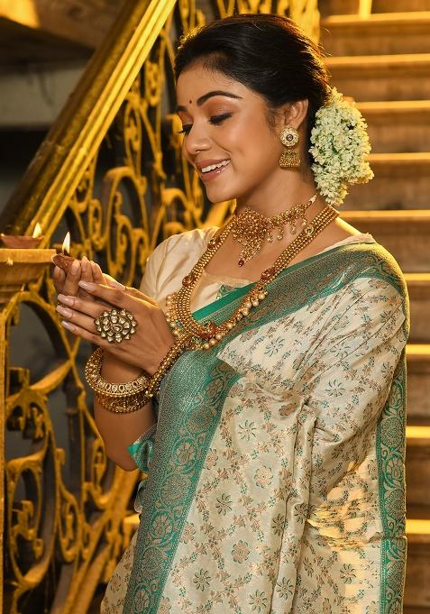 Green Embroidered Silk Saree Set