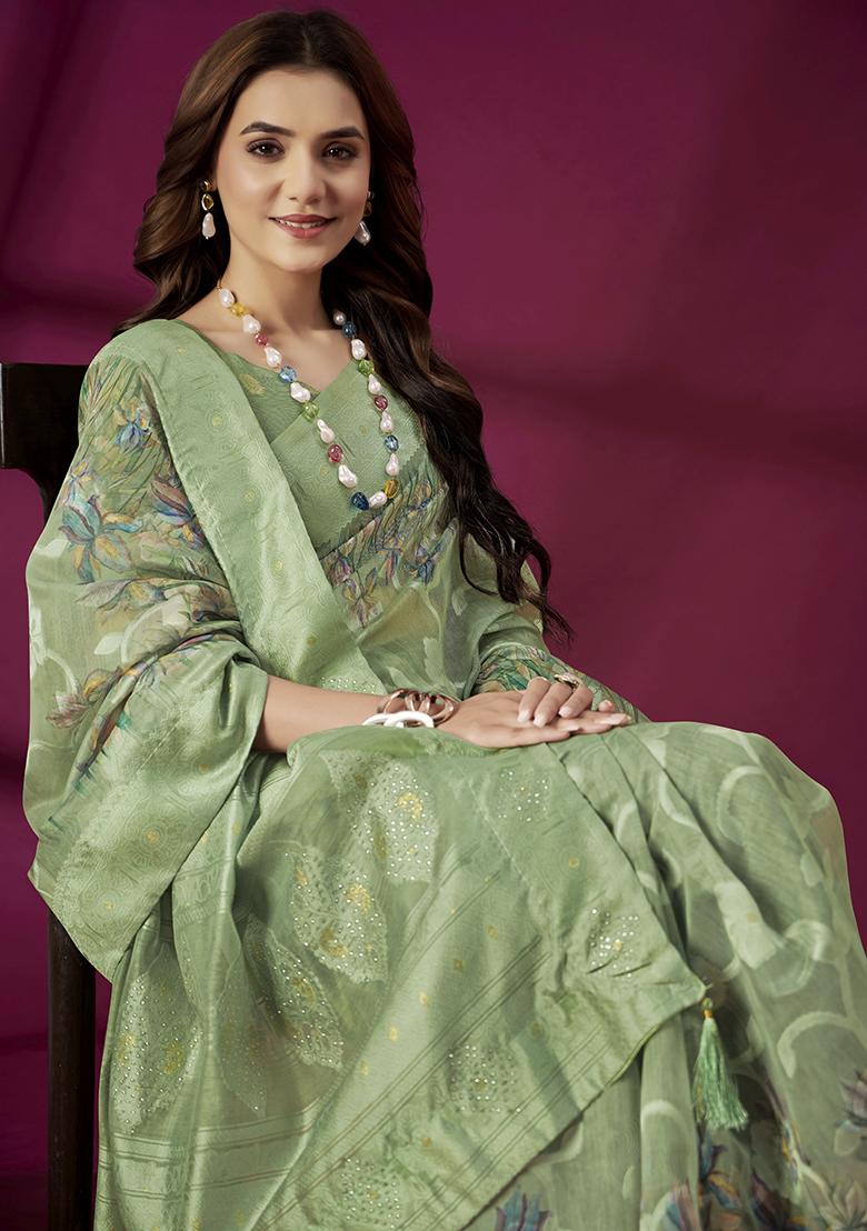 Green Embroidered Silk Saree Set