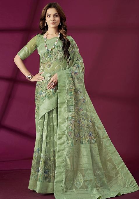 Green Embroidered Silk Saree Set