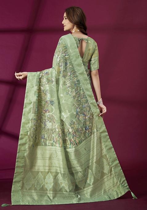 Green Embroidered Silk Saree Set