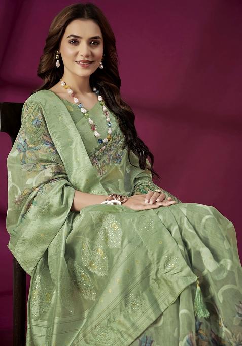 Green Embroidered Silk Saree Set