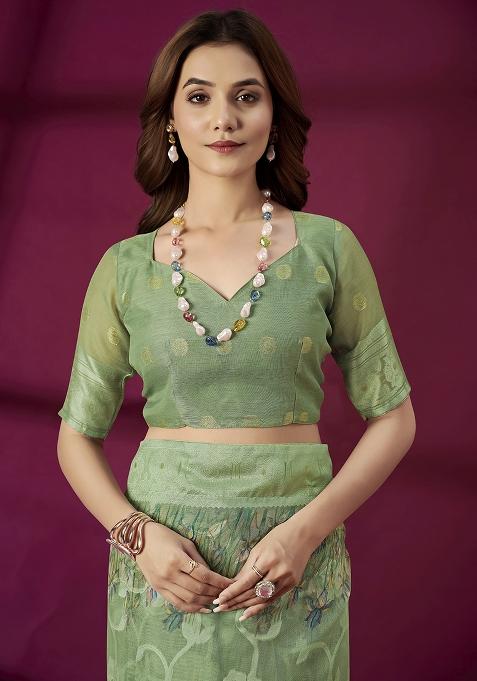 Green Embroidered Silk Saree Set