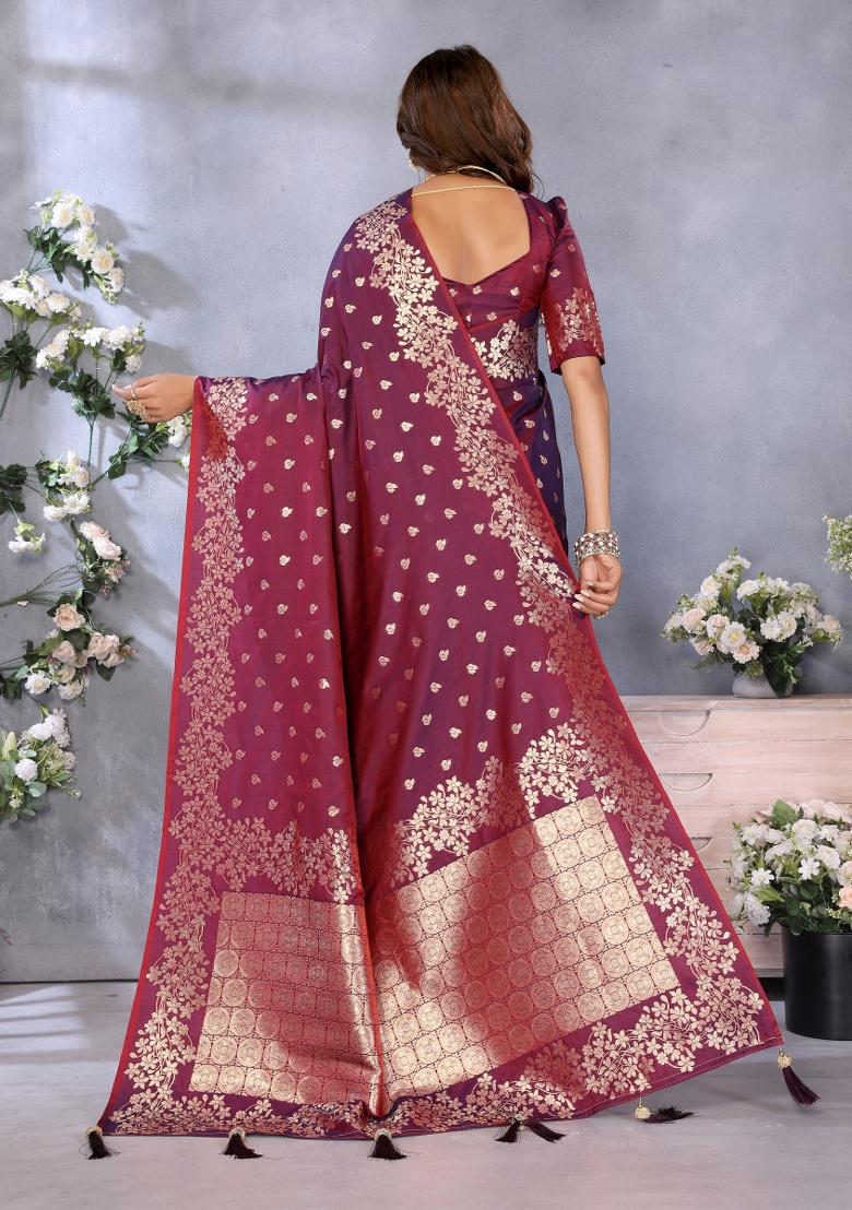 Wine Embroidered Silk Saree Set