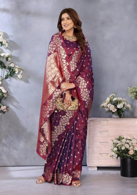Wine Embroidered Silk Saree Set