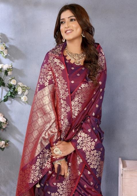Wine Embroidered Silk Saree Set