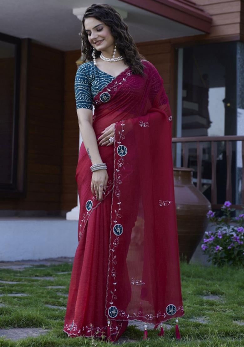 Maroon Embroidered Chiffon Saree Set