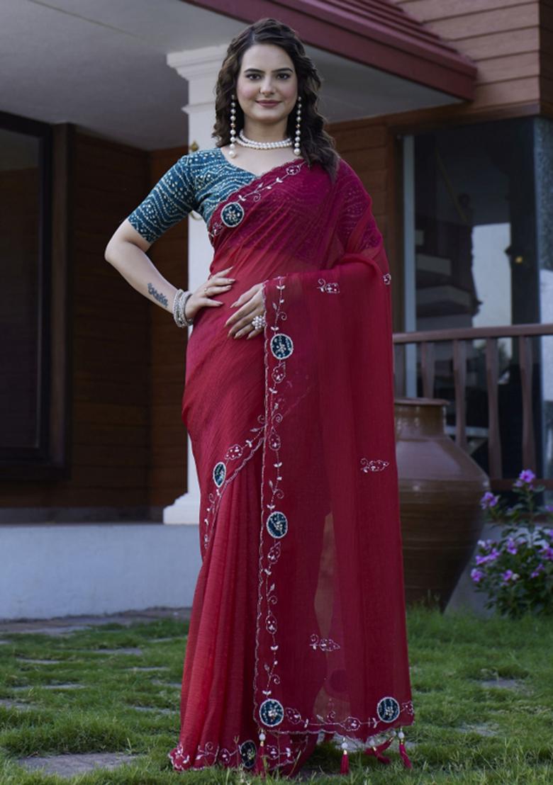 Maroon Embroidered Chiffon Saree Set