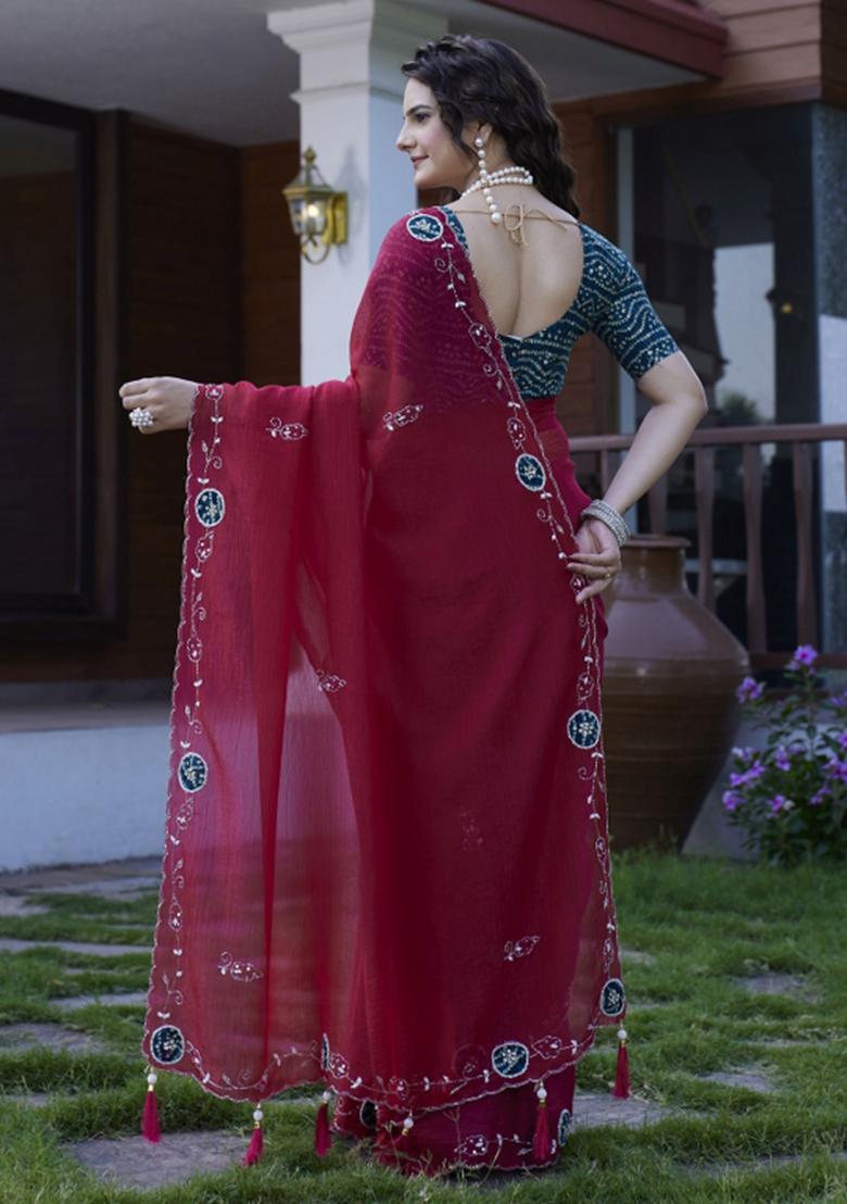Maroon Embroidered Chiffon Saree Set
