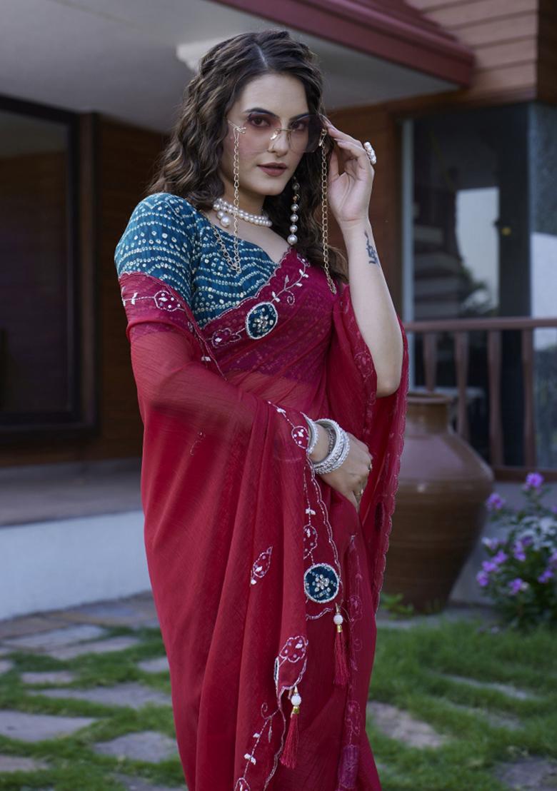 Maroon Embroidered Chiffon Saree Set