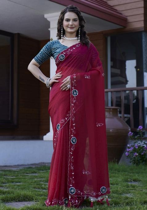Maroon Embroidered Chiffon Saree Set