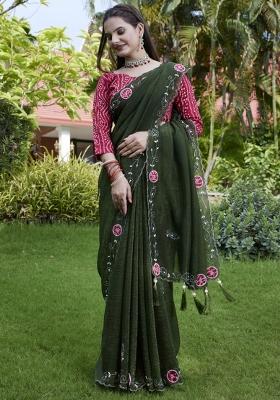 Green Embroidered Chiffon Saree Set