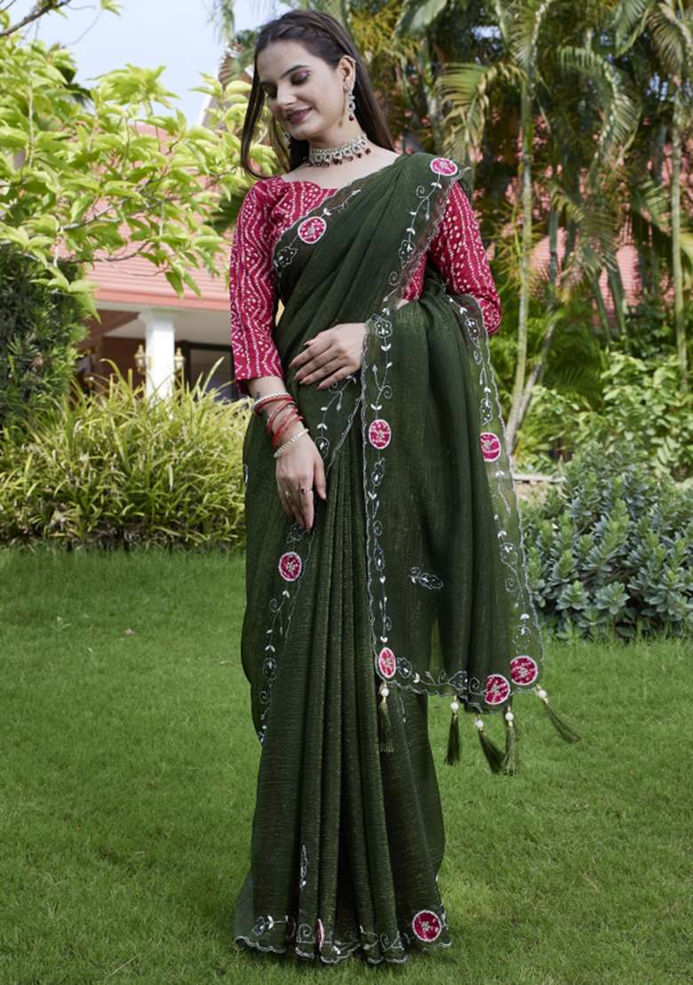 Green Embroidered Chiffon Saree Set - Indya