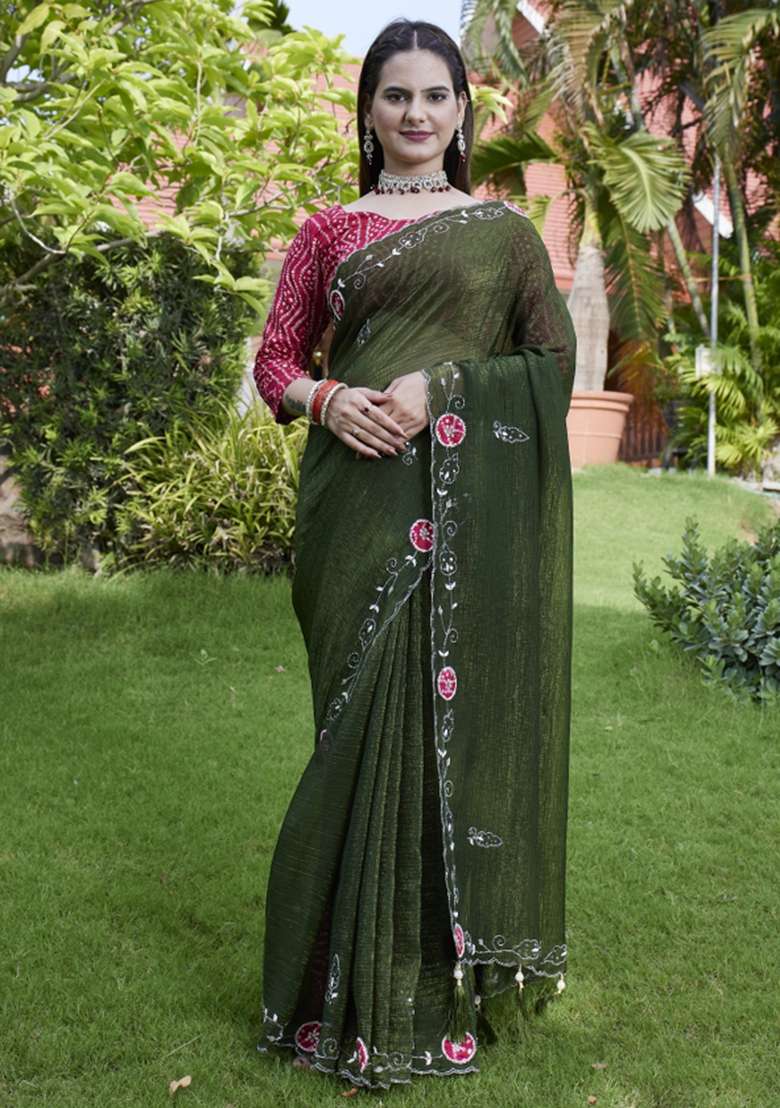 Green Embroidered Chiffon Saree Set - Indya