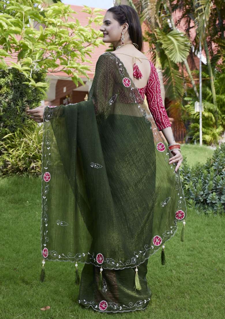 Green Embroidered Chiffon Saree Set - Indya