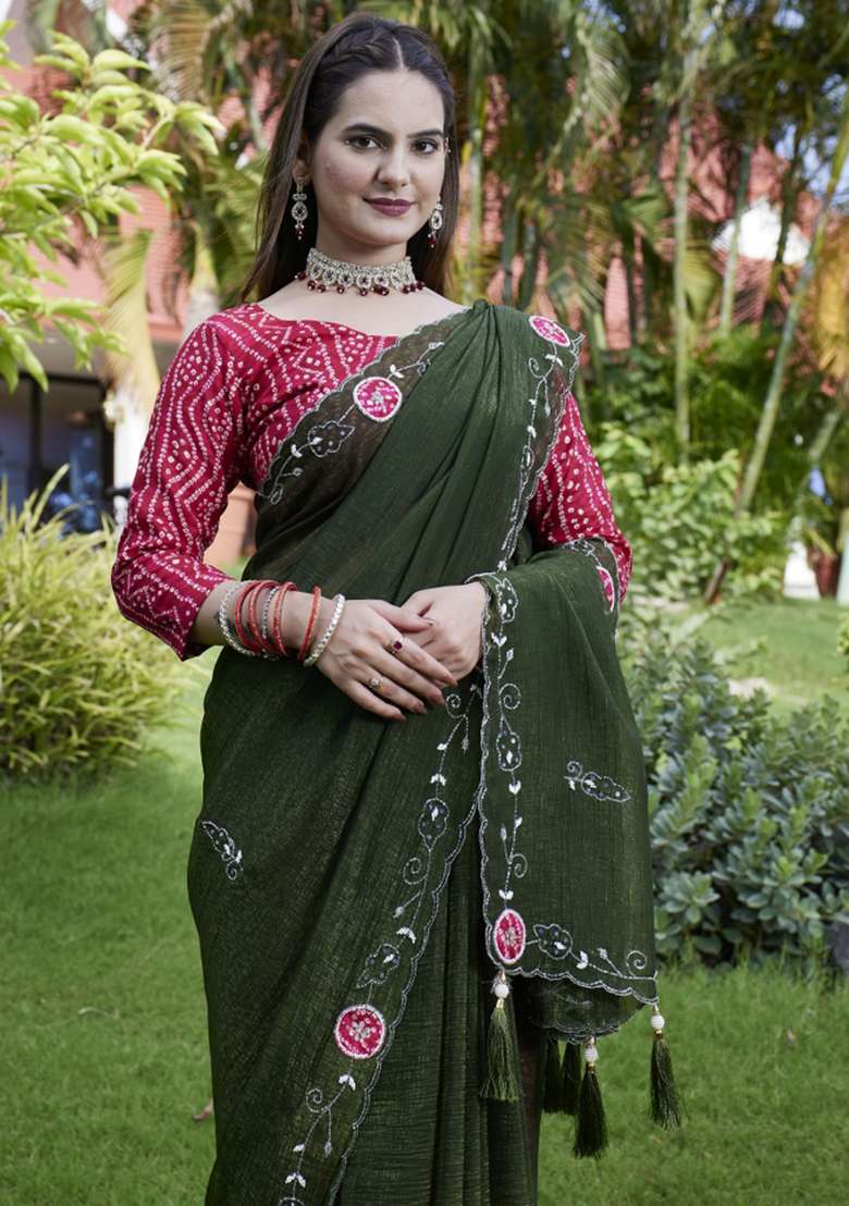 Green Embroidered Chiffon Saree Set - Indya