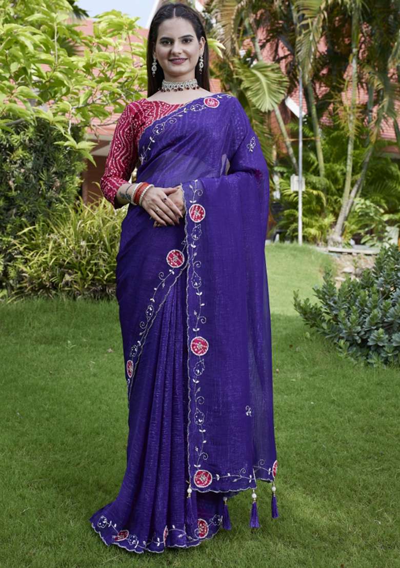 Purple Embroidered Chiffon Saree Set - Indya
