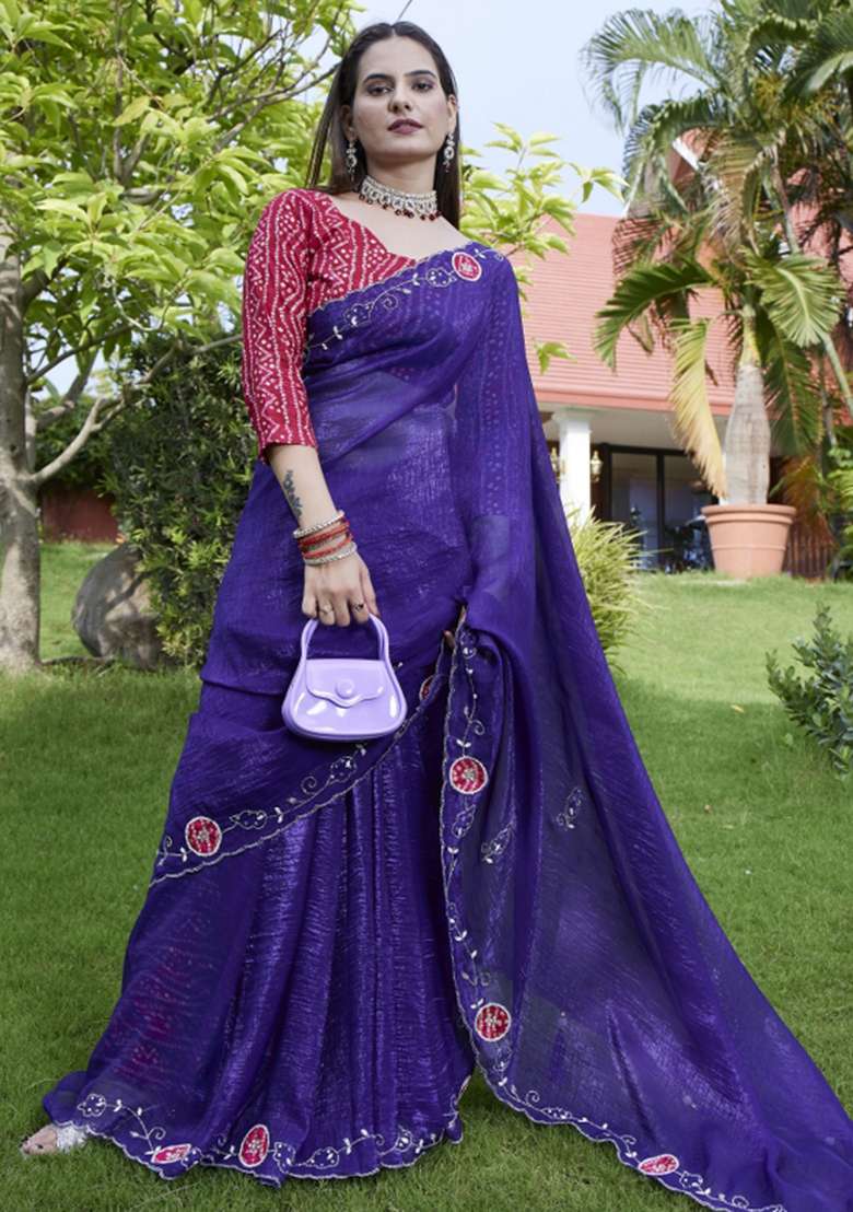 Purple Embroidered Chiffon Saree Set - Indya