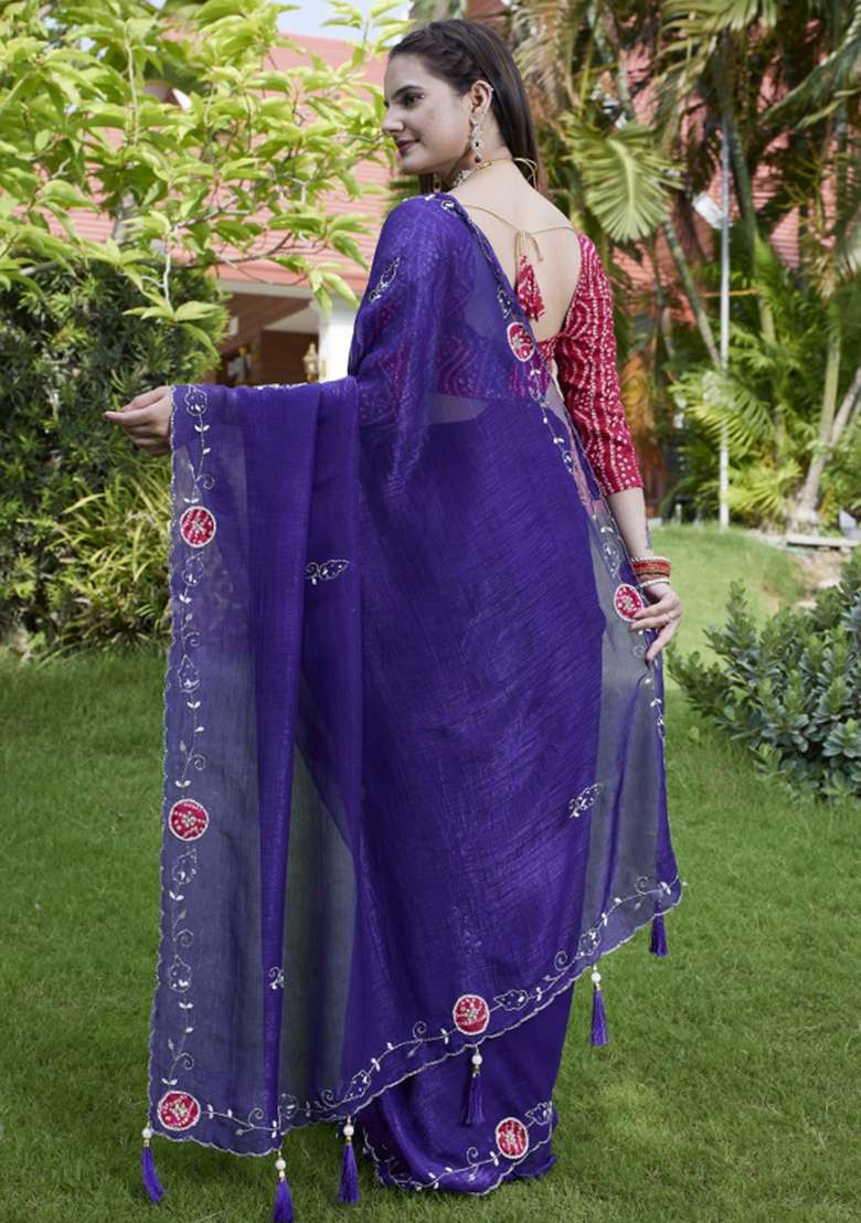 Purple Embroidered Chiffon Saree Set - Indya
