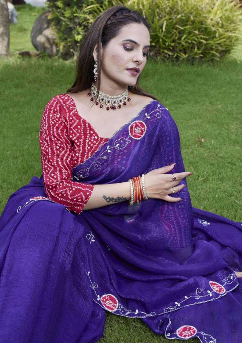 Purple Embroidered Chiffon Saree Set - Indya