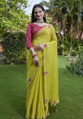 Green Embroidered Chiffon Saree Set