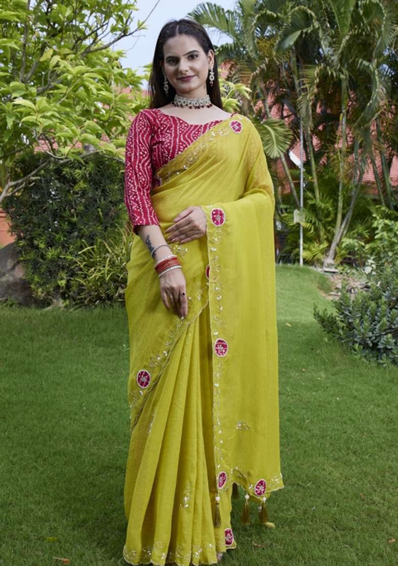 Green Embroidered Chiffon Saree Set - Indya