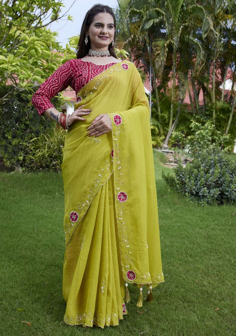 Green Embroidered Chiffon Saree Set - Indya