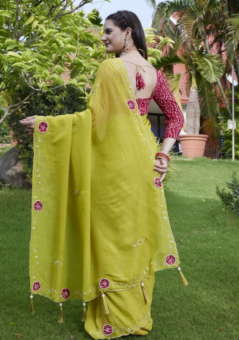 Green Embroidered Chiffon Saree Set - Indya