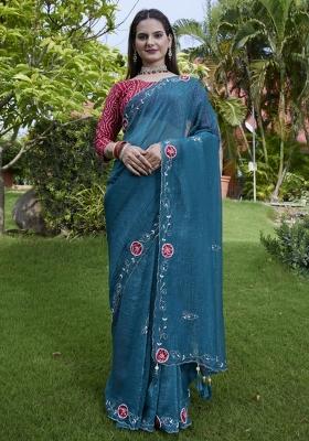 Blue Embroidered Chiffon Saree Set